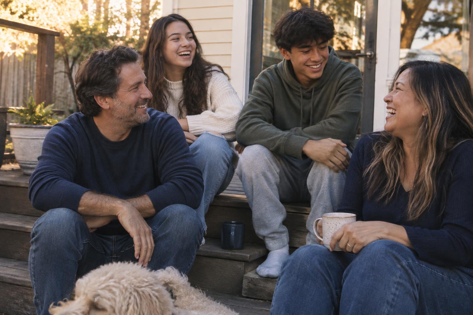 Family relaxing together on their backyard porch